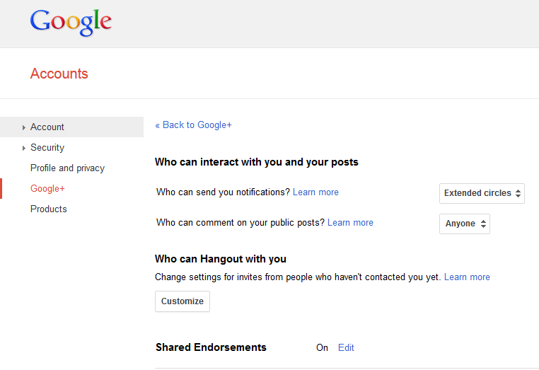 Google Plus settings page with Shared Endorsements enabled